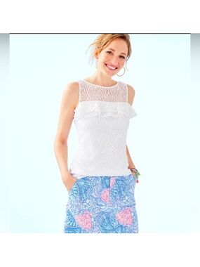 Lilly Pulitzer White Crochet Lace Top with Ruffle Detail
